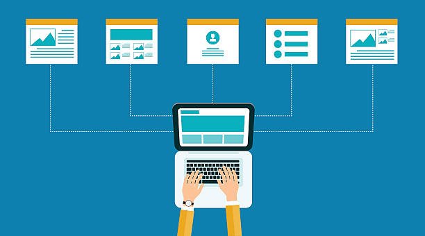 Ilustración de una persona escribiendo en una laptop conectada a distintas páginas